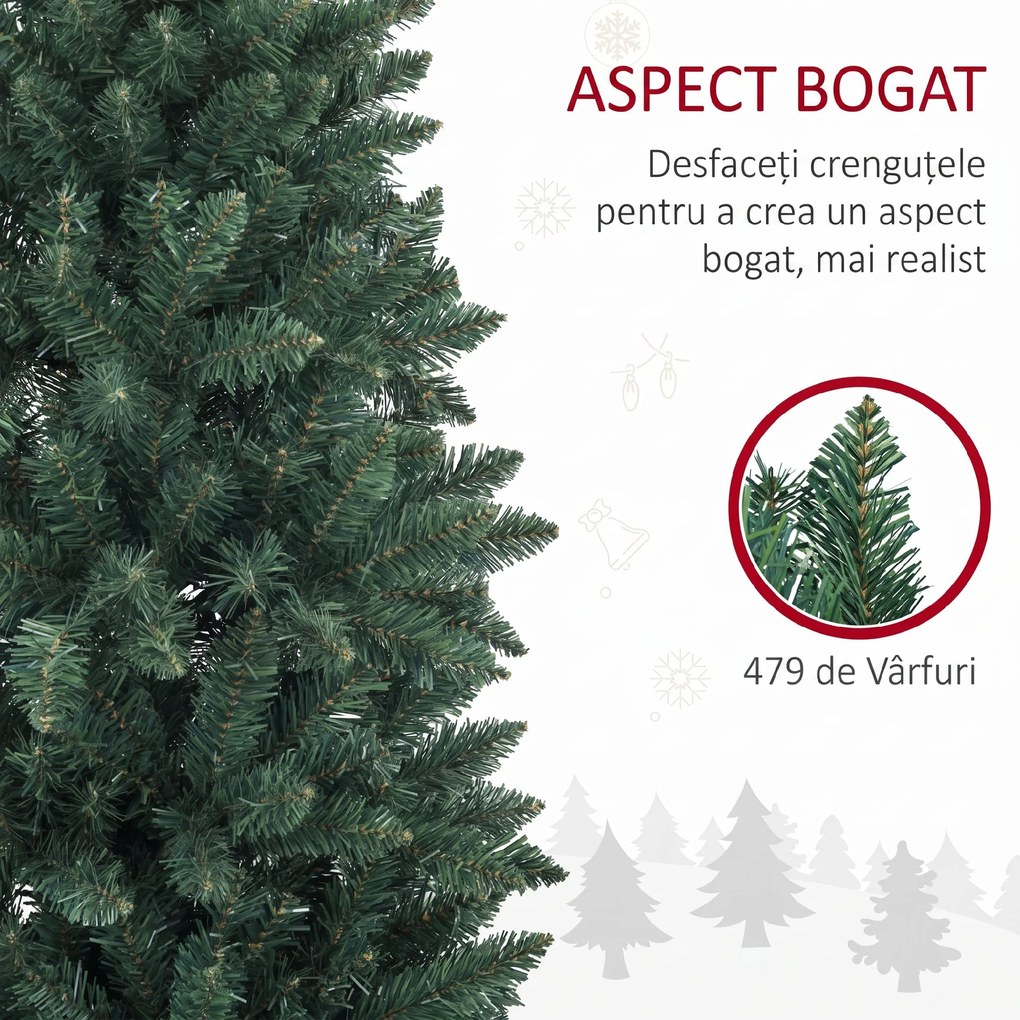HOMCOM Brad Artificial de Crăciun cu 479 Ramuri, Brad de Crăciun Înalt și Îngust cu Bază Pliabilă, Ø65x180 cm, Verde | Aosom Romania