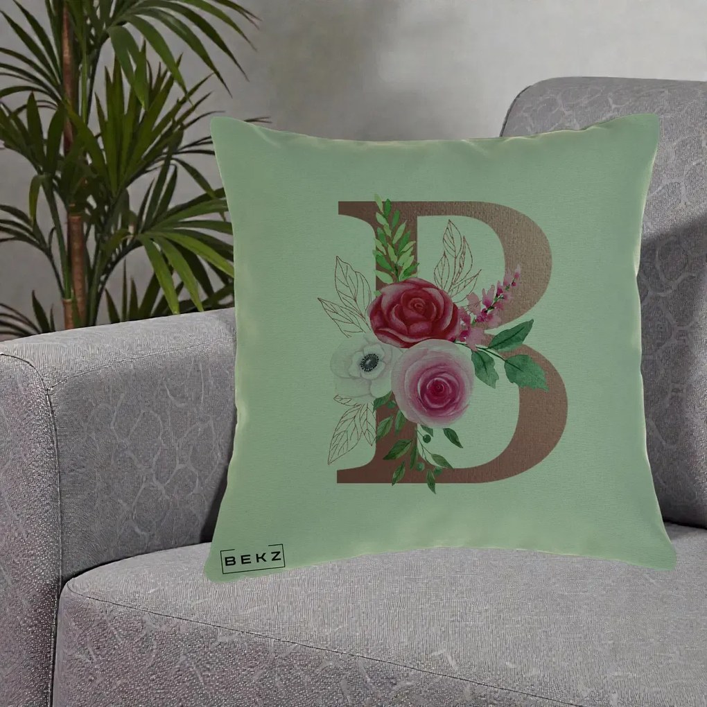 Cadou Personalizat - Perna Personalizata Monograma Rose Gold Litera B, 40x40 cm, Verde, Husa Detasabila, Perna Inclusa, BEKZ®