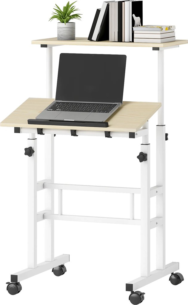 HOMCOM Birou șezut-în-picioare birou reglabil pe înălțime 60 x 60 cm pe roți cu blat înclinabil cadru metalic natural | Aosom Romania