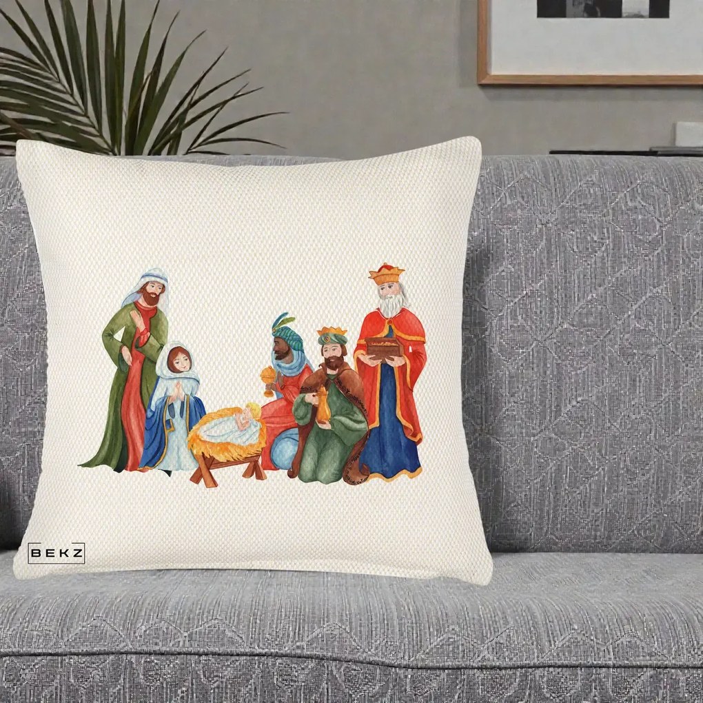 Perna Decorativa Nasterea Domnului Cei Trei Magi Acuarela, 40x40 cm, Crem Reliefat, Husa Detasabila, Perna Inclusa, BEKZ®