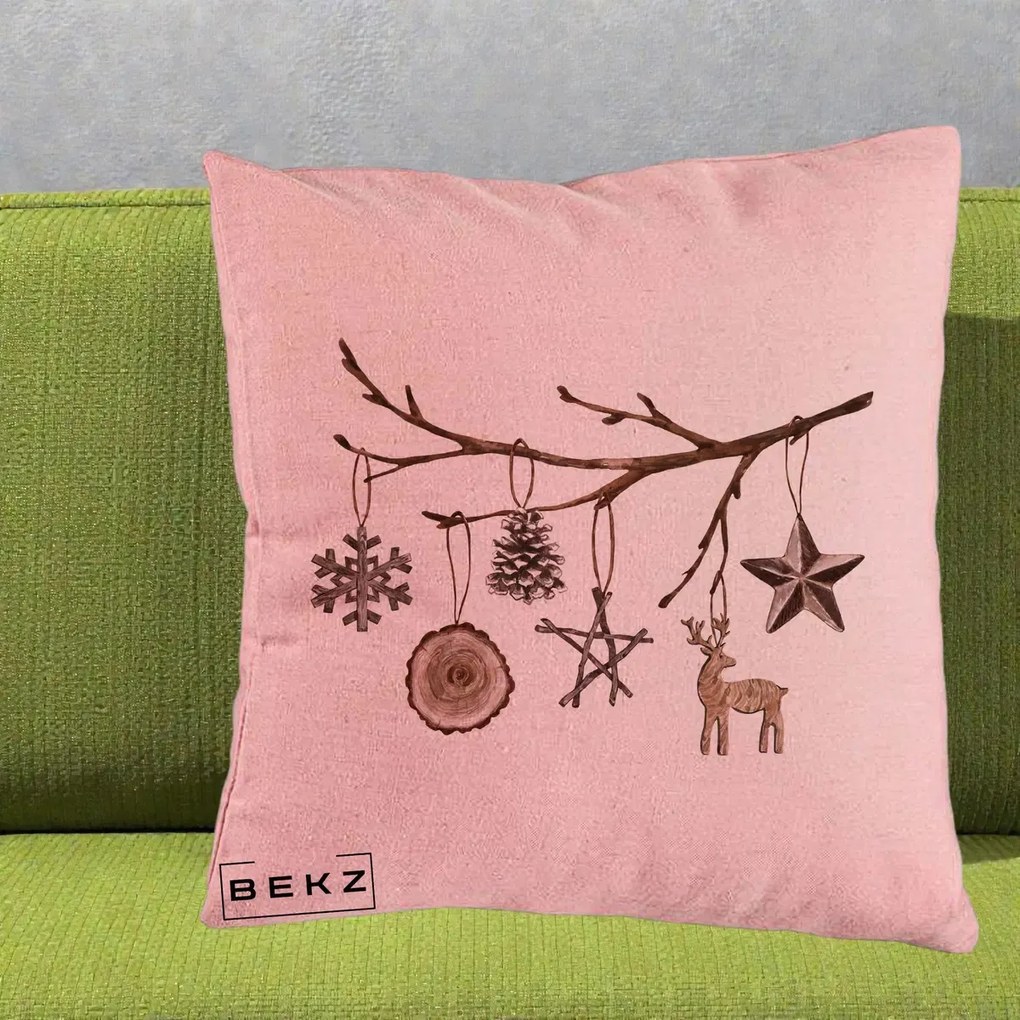 Perna Decorativa Ornamente de Lemn pe Ramura, 40x40 cm, Roz, Husa Detasabila, Perna Inclusa, BEKZ®