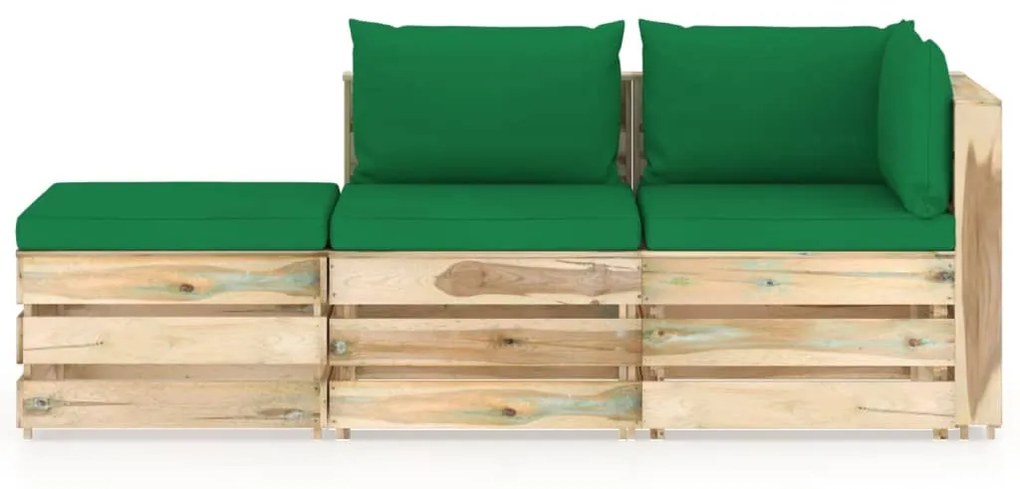 Set mobilier gradina cu perne, 3 piese, lemn verde tratat