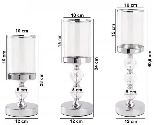 Set de 3 sfeșnice din crom lucios