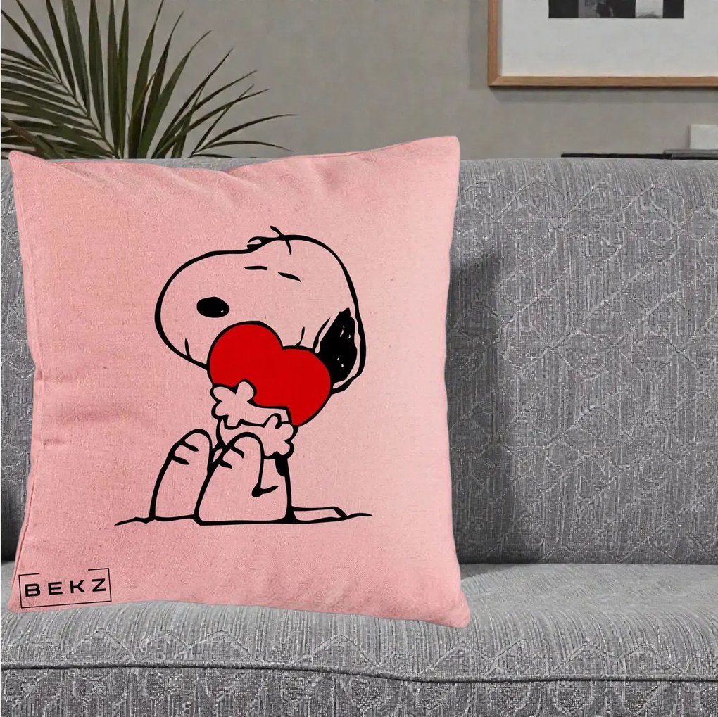 Perna Personalizata Snoopy cu Inima, 40x40 cm, Roz, Husa Detasabila, Perna Inclusa, BEKZ®