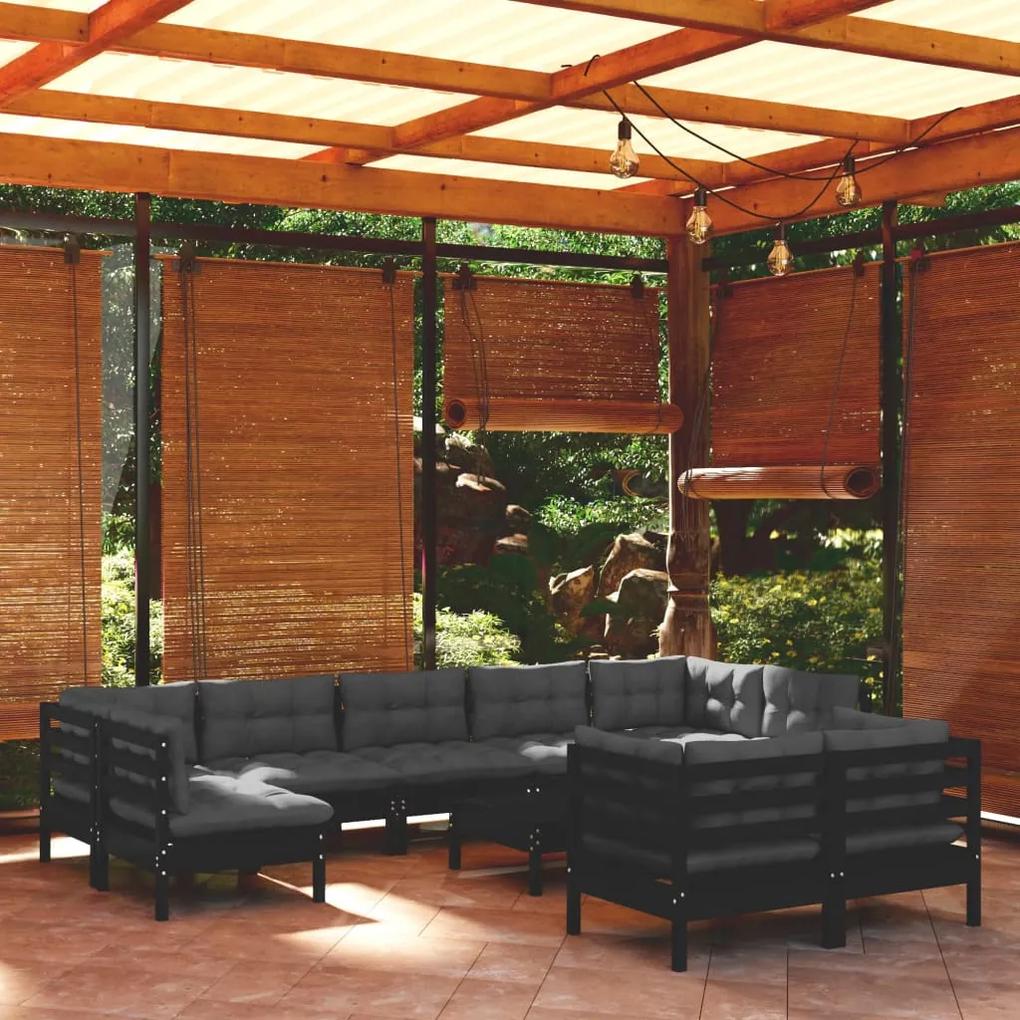 3097257 vidaXL Set mobilier de grădină cu perne 10 piese negru lemn masiv pin