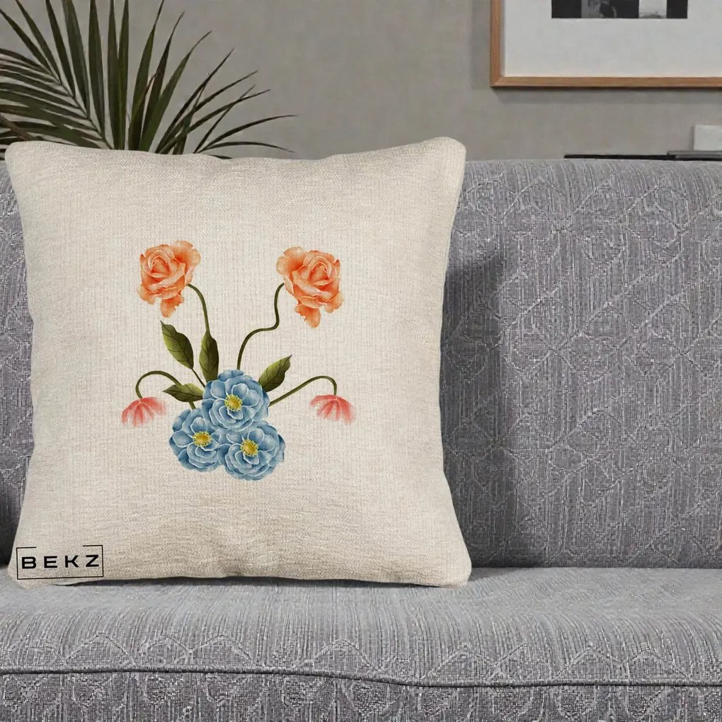 Perna Decorativa Trandafiri si Bujori Acuarela, 40x40 cm, Bej Canapea, Husa Detasabila, Perna Inclusa, BEKZ®