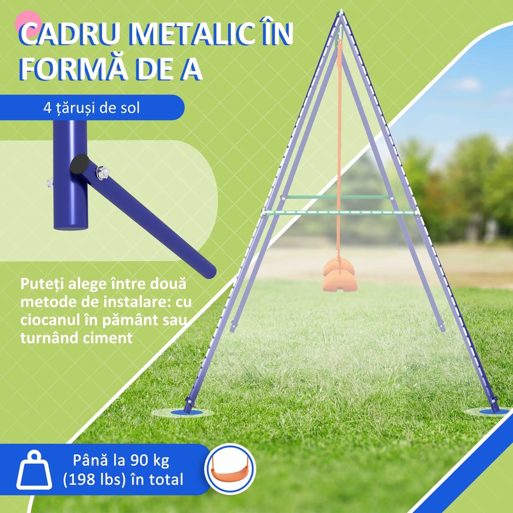 Outsunny Set de leagan pentru copii, Cadru metalic de leagan pentru exterior cu scaune duble de leagan, tarusi de sol