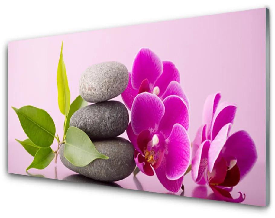 Tablou pe sticla acrilica Pietrele de flori Frunze Floral Roz Gri Verde