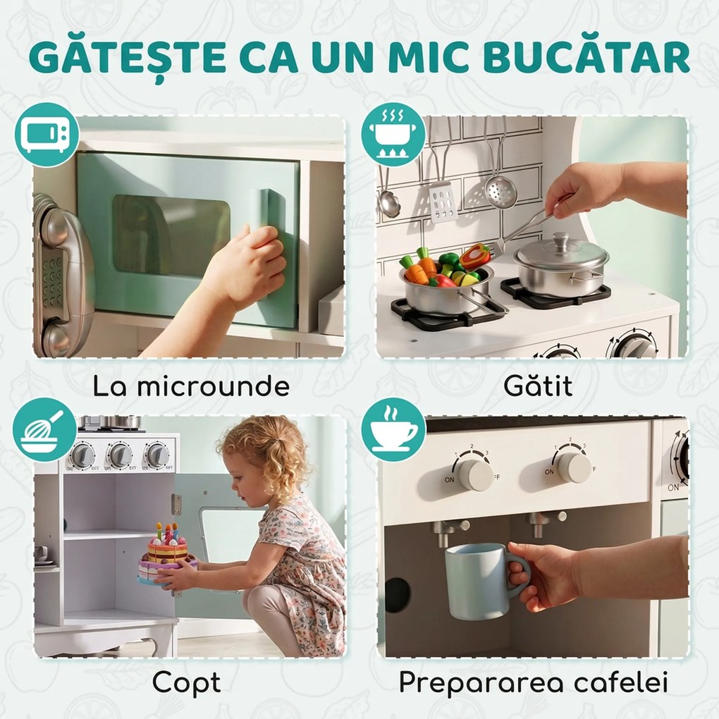AIYAPLAY Bucătărie din lemn pentru copii, cu lumini, sunete, accesorii, frigider, cuptor și aparat de cafea, verde deschis | Aosom Romania
