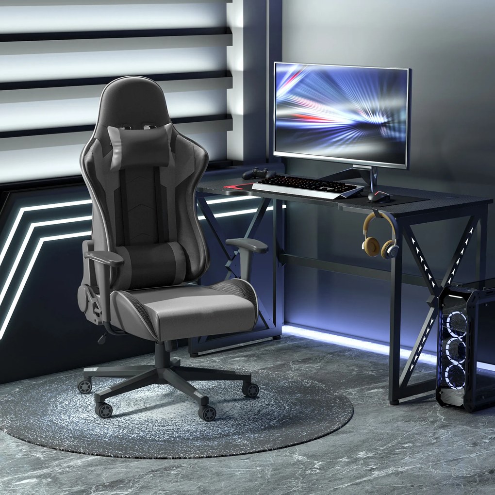 Vinsetto Fotoliu de birou ergonomic, fotoliu de gaming, fotoliu rotativ, piele artificială, spumă, Negru, 67,5 x 74 x 126-136 cm | Aosom Romania