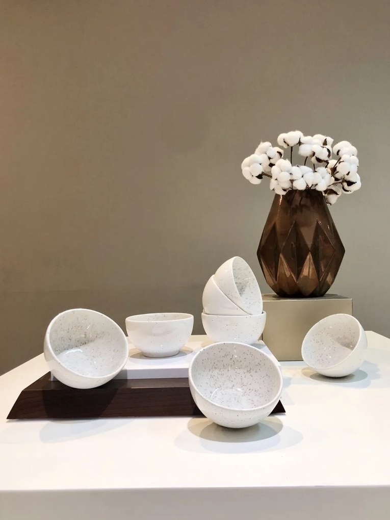 Bol Ceramica NOVA - 14cm: Alb Gri cu Picatele Visiniu Inchis