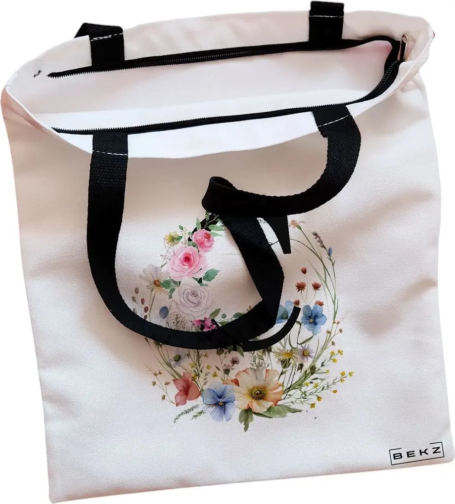 Sacosa de Panza pentru Cumparaturi, Geanta Tote, Cu litera C in Coronita Florala, Cu fermoar, 38x34.5 cm, Alba, BEKZ®