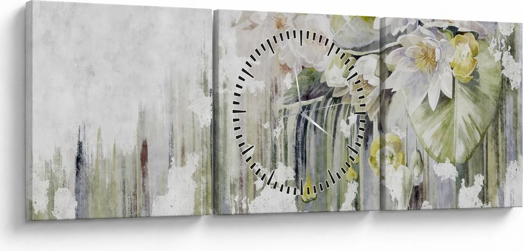 Tablou - Flori albe, vintage (cu ceas) (90x30 cm)