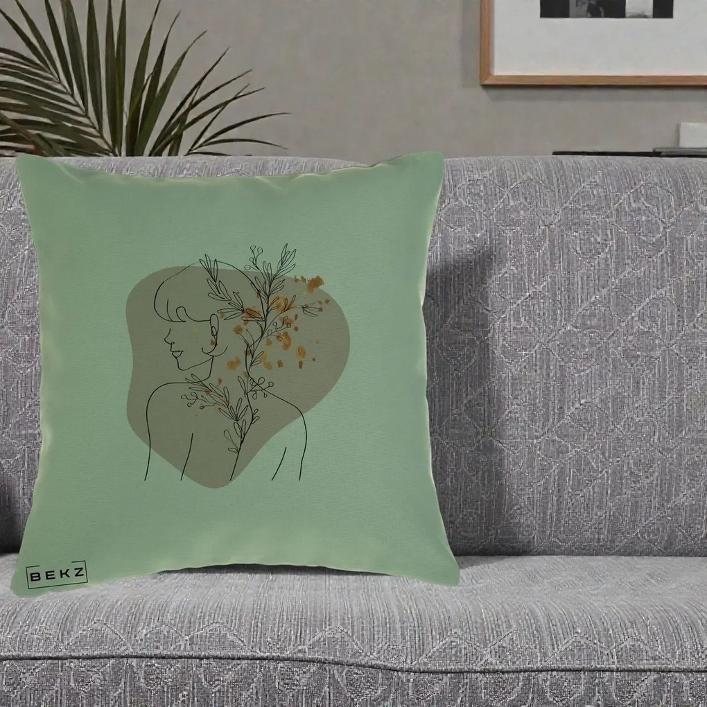 Perna Decorativa Femeie cu Flori Line Art Boho, 40x40 cm, Verde, Husa Detasabila, Perna Inclusa, BEKZ®