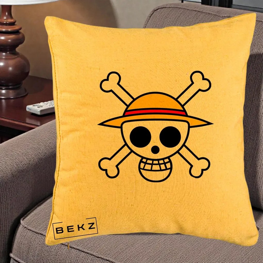 Perna Personalizata One Piece Jolly Roger Straw Hat Pirates, 40x40 cm, Galben, Husa Detasabila, Perna Inclusa, BEKZ®