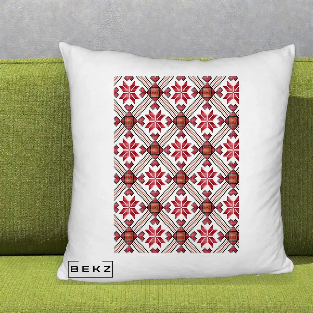 Perna Personalizata Motiv Traditional Ie Romaneasca Rosu, 40x40 cm, Alb Pufos, Husa Detasabila, Perna Inclusa, BEKZ®
