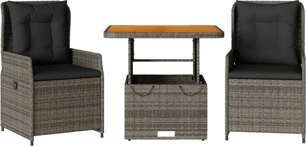 vidaXL Set bistro de grădină cu perne, 3 piese, gri, poliratan