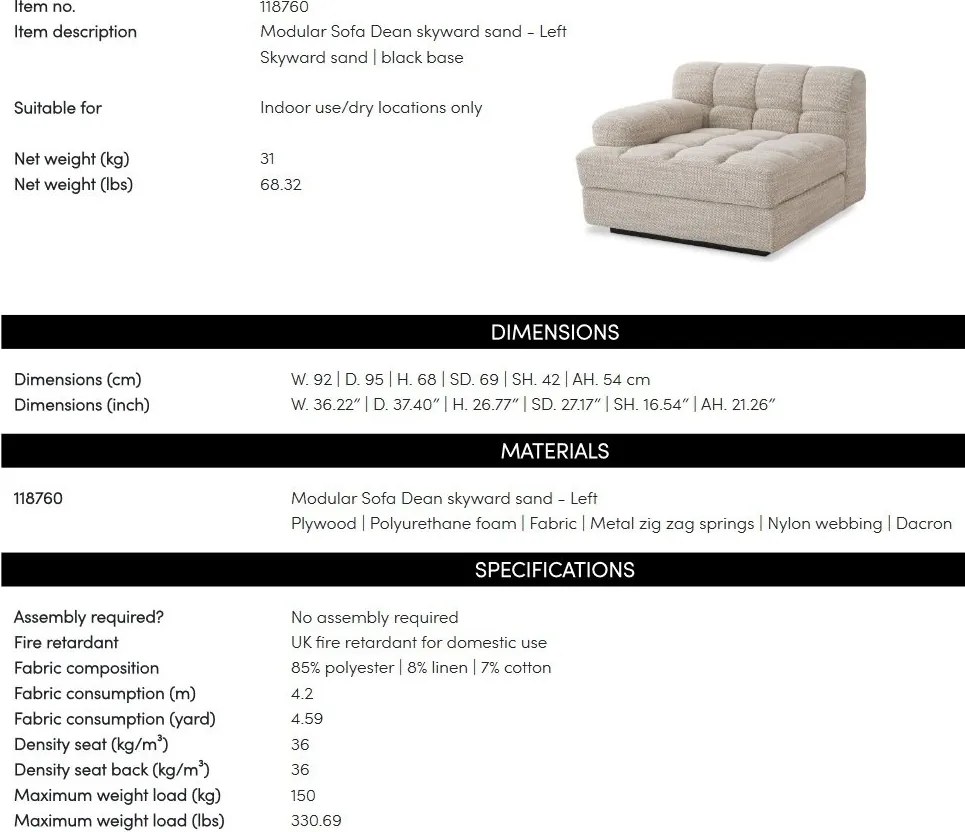 Canapea, Modul stanga design elegant LUX Dean left Skyward sand