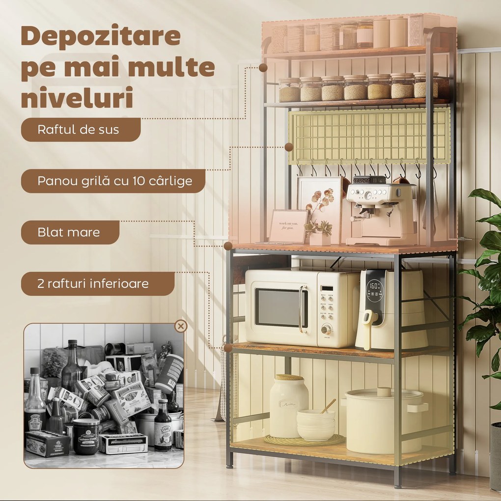 HOMCOM Raft de Bucătărie cu Prize și Rafturi Reglabile, Raft pentru Cuptor cu Microunde cu 5 Niveluri, Panou cu Grilaj și 10 Cârlige, Mobilier Vintage Structură din Oțel, 80x40x170 cm, Maro Rustic | Aosom Romania
