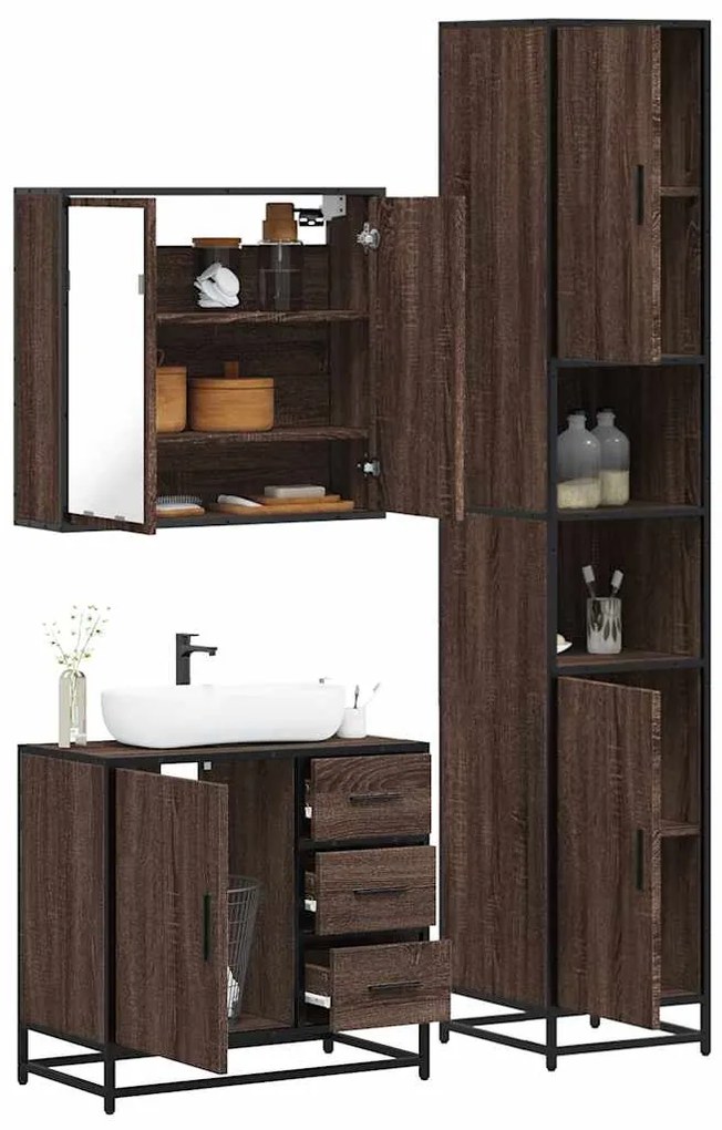 vidaXL Set mobilier de baie, 3 piese, stejar maro, lemn prelucrat