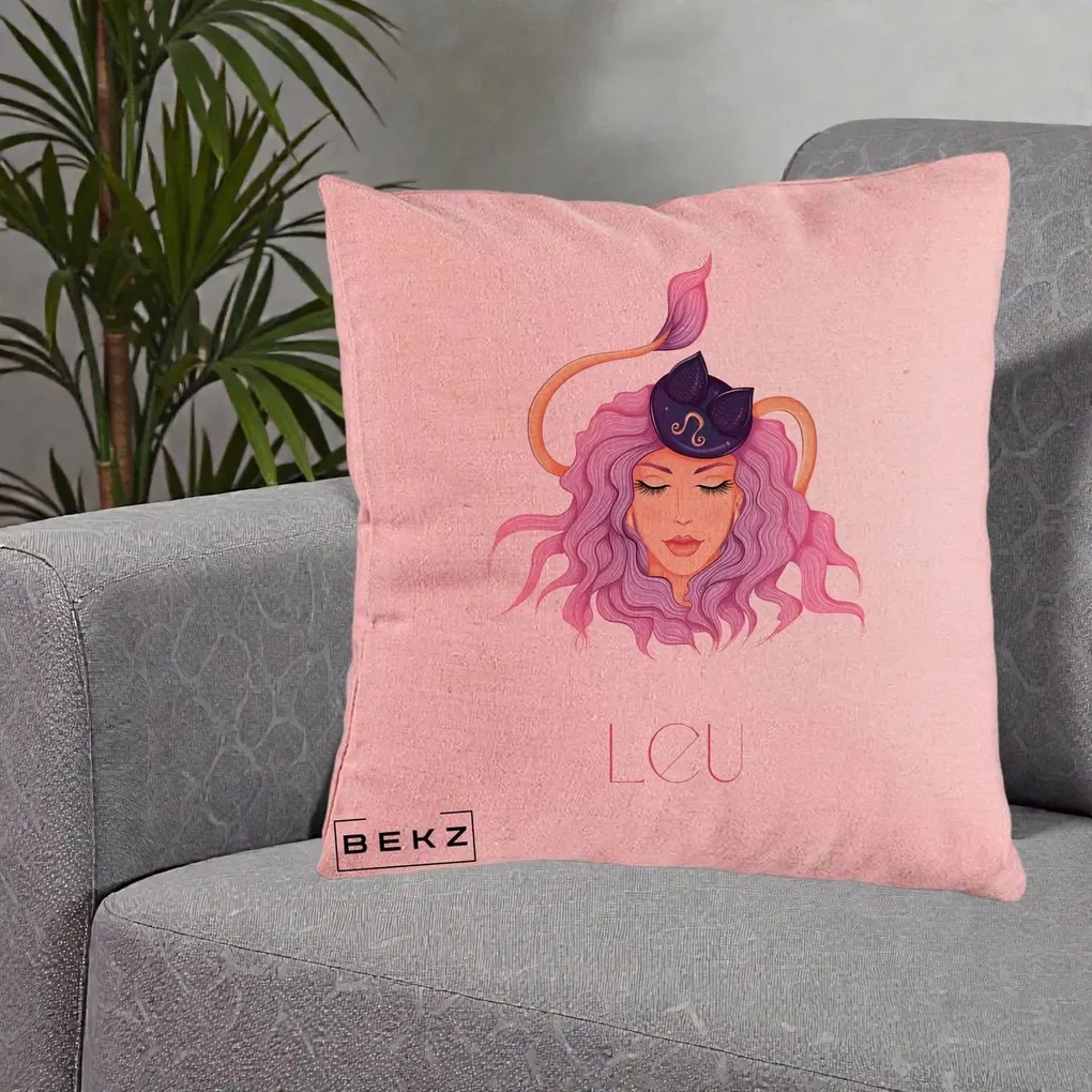 Perna Personalizata Zodie Leu, 40x40 cm, Roz, Husa Detasabila, Perna Inclusa, BEKZ®
