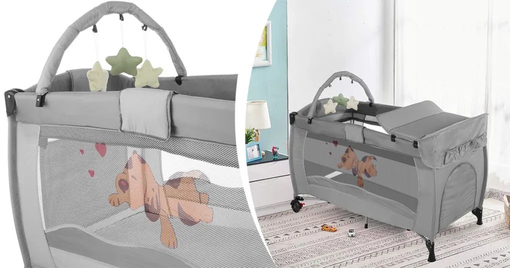 Patut de calatorie cu suport de schimbat scutece si arcada de jucarii, gri