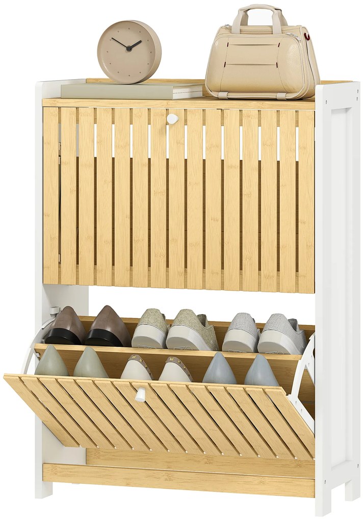 HOMCOM Pantofar Cu 2 Uși din Bambus Cu Lamele Rafturi Ajustabile pentru 12 Perechi de Pantofi Alb și Natural | Aosom Romania