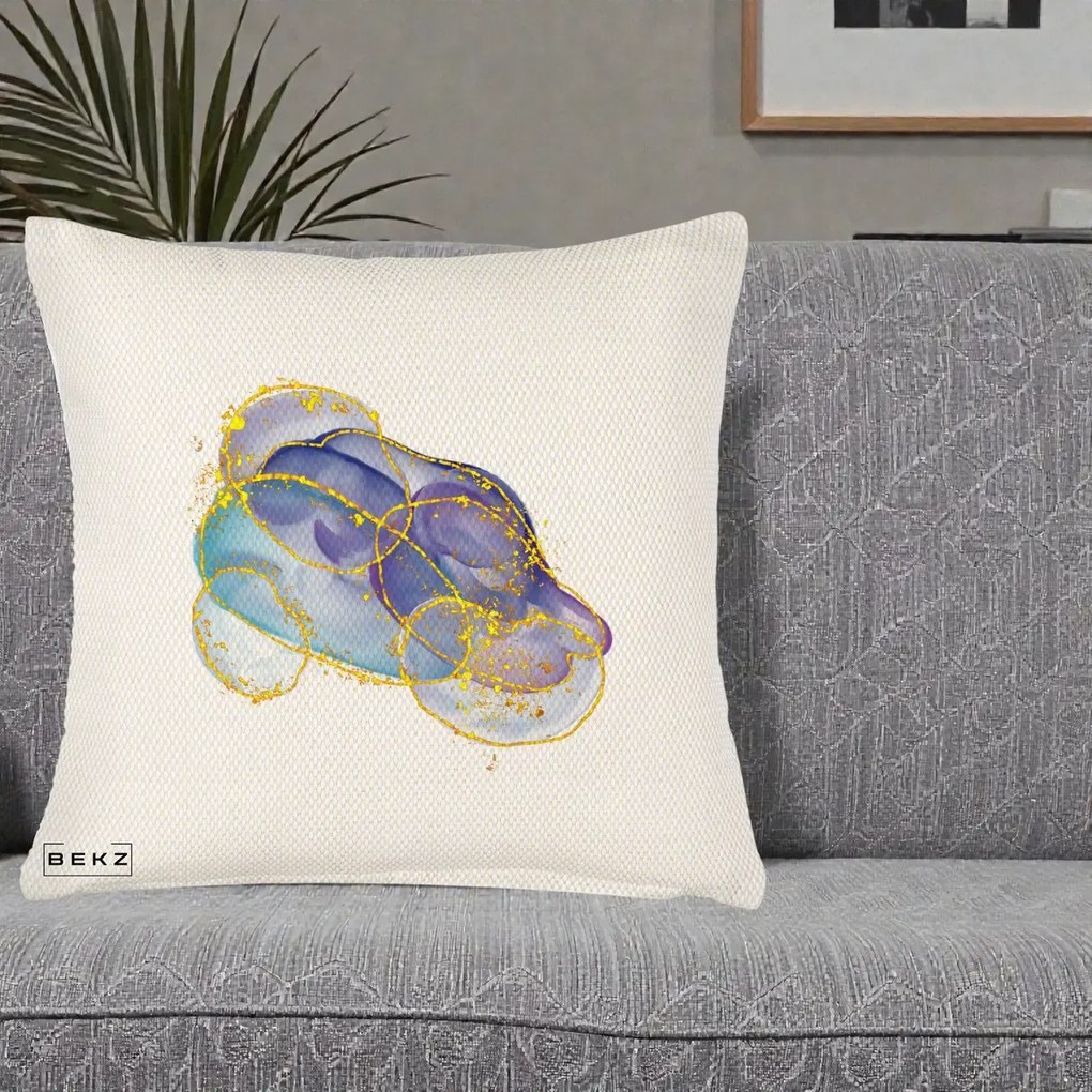 Perna Decorativa Abstract Acuarela Albastru-Mov cu Cercuri Aurii, 40x40 cm, Crem Reliefat, Husa Detasabila, Perna Inclusa, BEKZ®