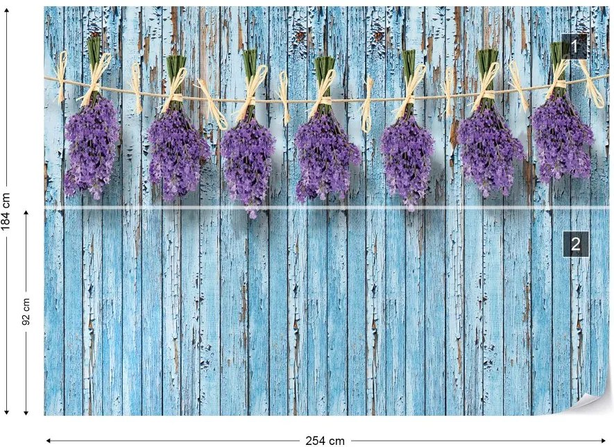 GLIX Fototapet - Lavender Bunches On Blue Painted Wood Plank Wall Vintage Style Vliesová tapeta  - 254x184 cm