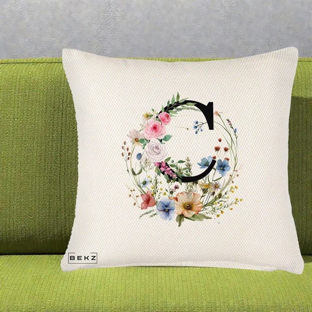 Cadou Personalizat - Perna Personalizata Monogram Litera C cu Flori Acuarela, 40x40 cm, Crem Reliefat, Husa Detasabila, Perna Inclusa, BEKZ®