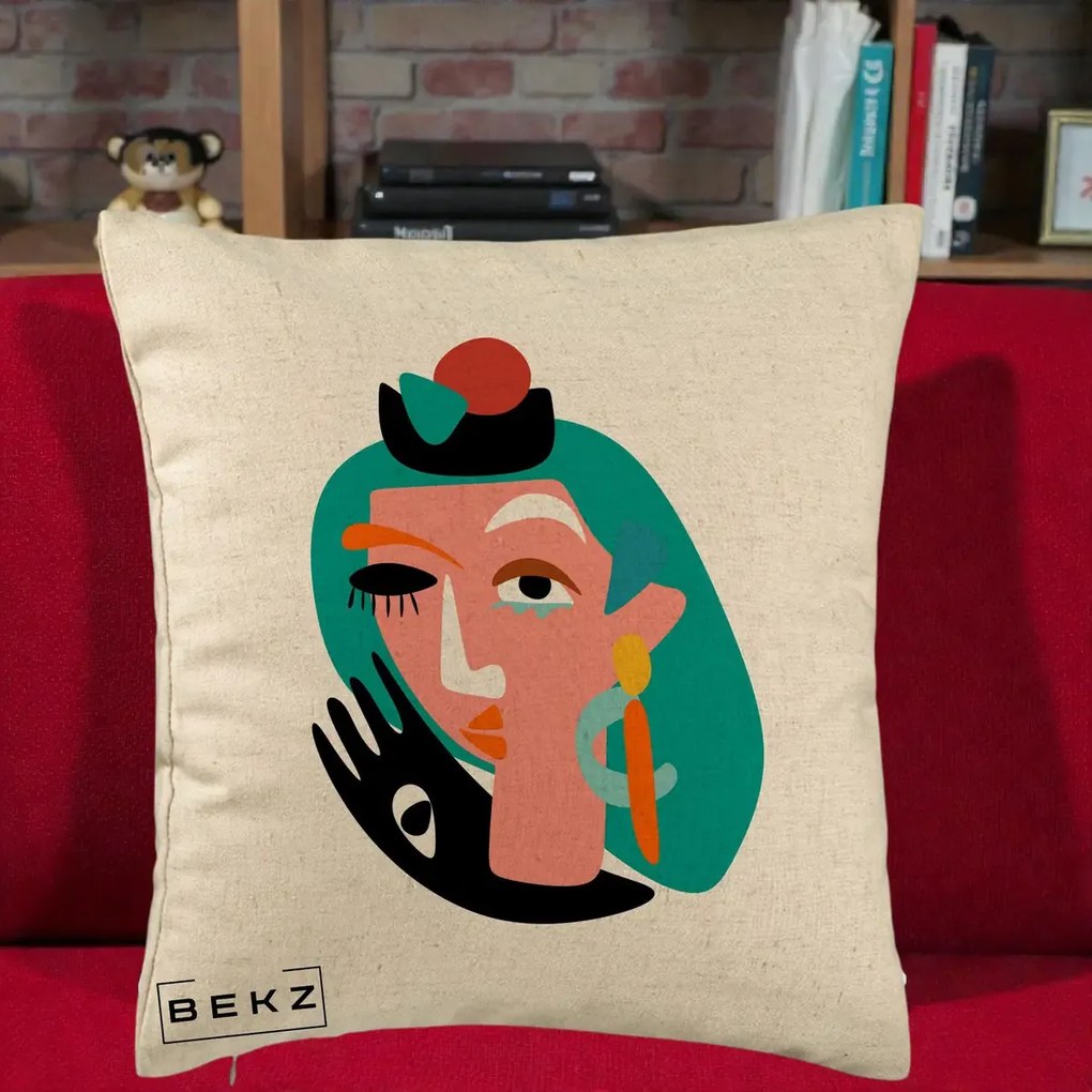 Perna Decorativa Portret Abstract Matisse Turcoaz, 40x40 cm, Bej, Husa Detasabila, Perna Inclusa, BEKZ®