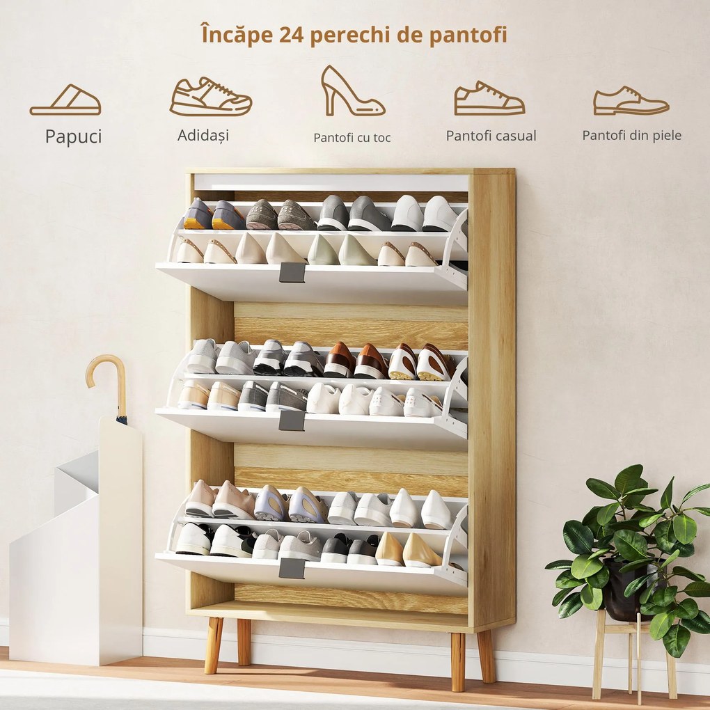 HOMCOM Dulap de pantofi subțire modern cu 3 sertare rabatabile pentru 24 de perechi de pantofi, Alb | Aosom Romania