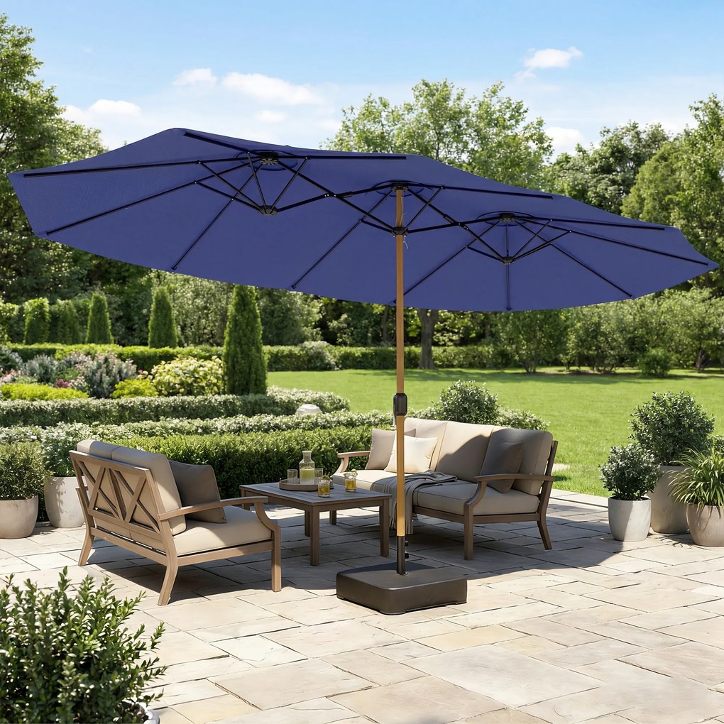 Outsunny Umbrelă Dublă de Grădină 4.7x2.8 m, Umbrelă de Exterior cu Manivelă, Bază Cruce, Saci de Nisip, Husă de Protecție, 12 Spițe, Anti-UV, pentru Terasă și Balcon, Albastru Închis | Aosom Romania