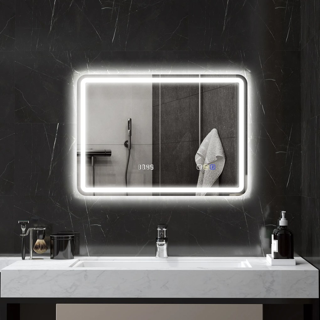 HOMCOM Oglindă de Baie cu LED 70x50 cm cu Bluetooth 3 Culori de Lumină Ceas Digital Funcție Antighear Funcție de Memorie | Aosom Romania