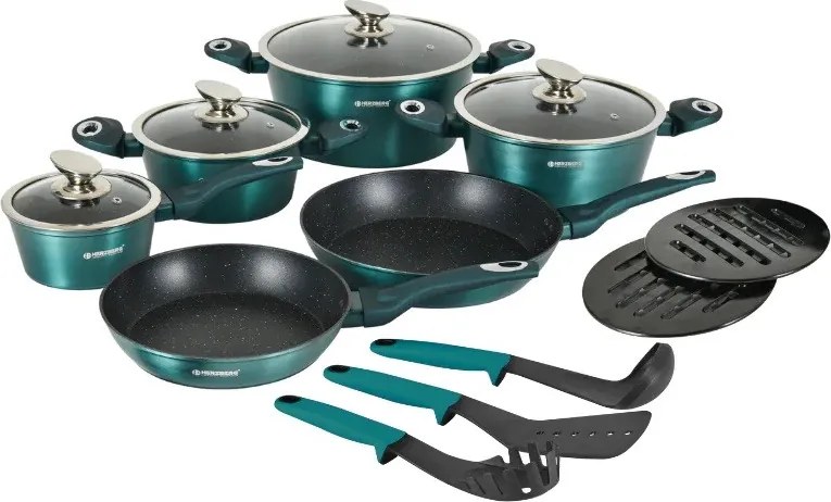 La mâna a doua: Set oale si tigai Herzberg HG-METBL15, 15 piese, Aluminiu 3003, Acoperire marmura, Capace din sticla, Inductie, Verde albastru