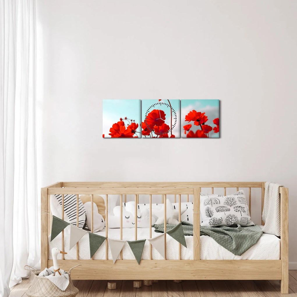 Tablou - Câmp cu flori roșu deschis (cu ceas) (90x30 cm)