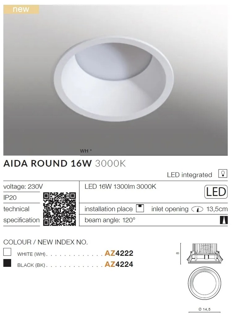 Spot LED incastrabil tavan/plafon AIDA ROUND 16W alb