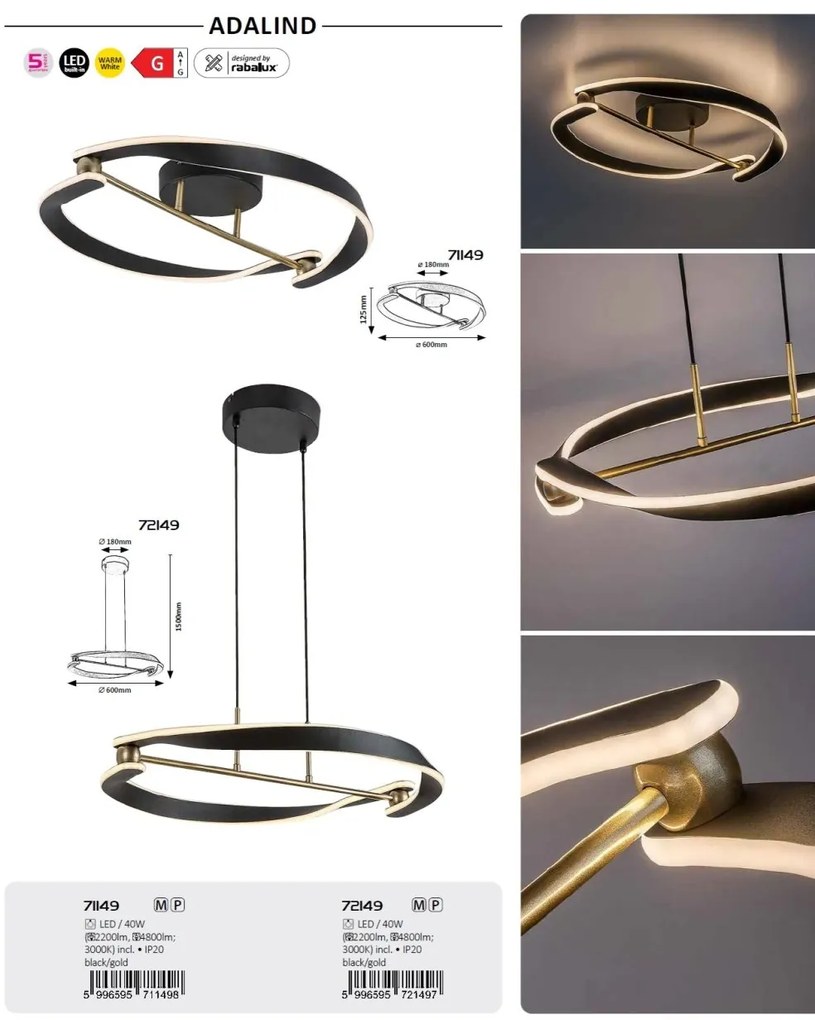 Lustra LED suspendata din metal negru auriu Adalind