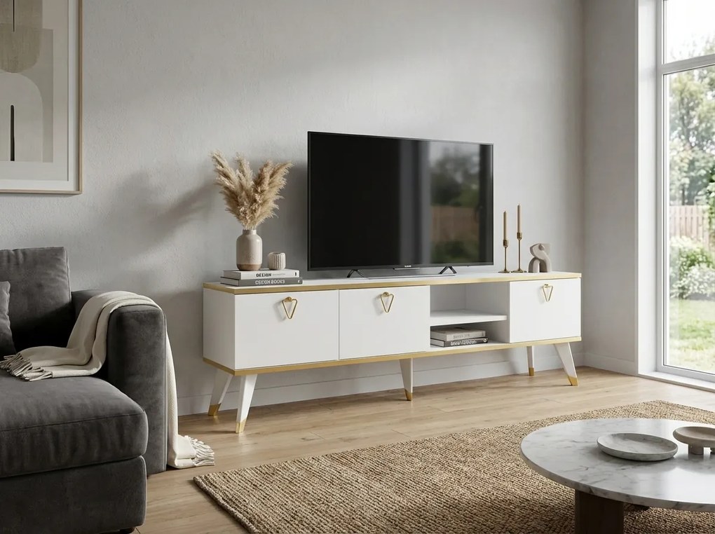 OFERTA Comoda TV CAROL 160 cm, alb/auree II. calitate