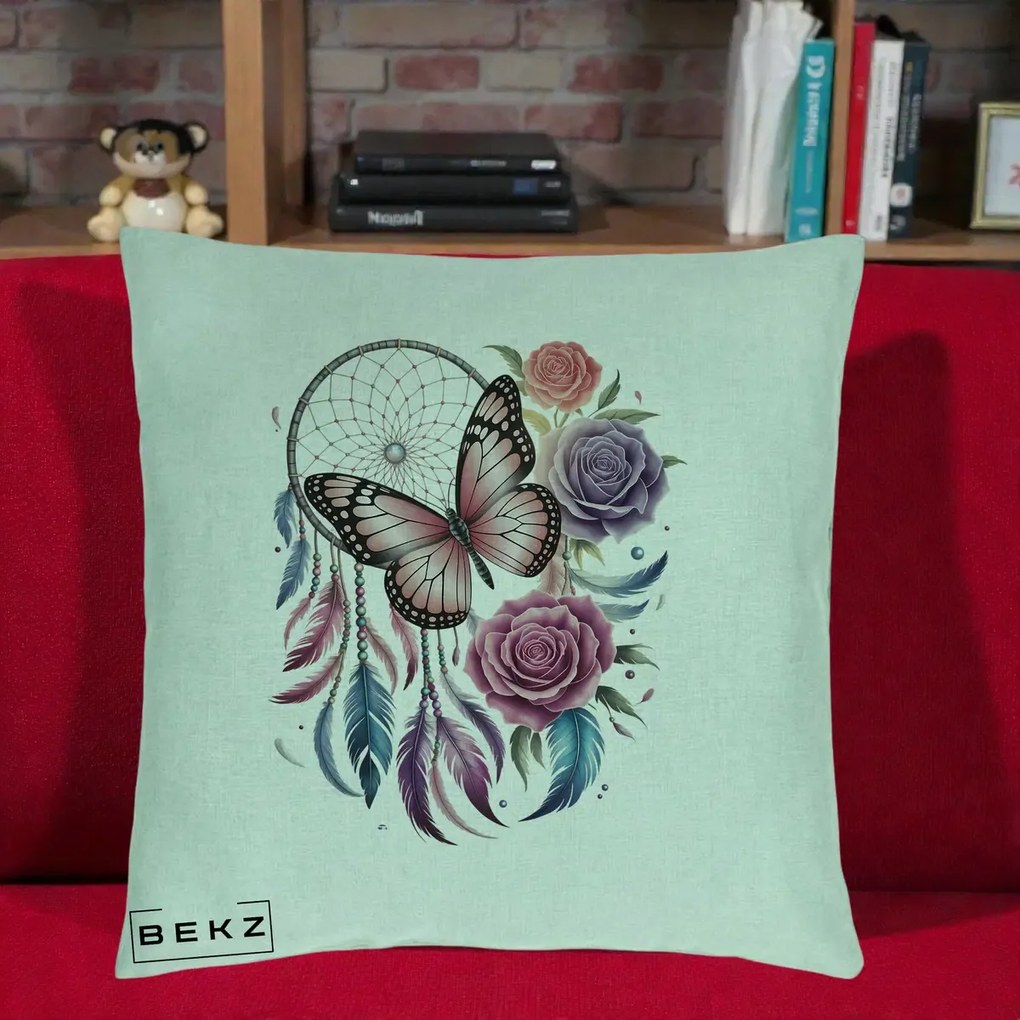 Perna Personalizata Prinzator de Vise cu Fluture si Trandafiri, 40x40 cm, Verde Menta, Husa Detasabila, Perna Inclusa, BEKZ®