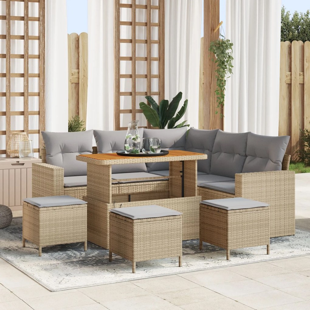 vidaXL Set de canapele de grădină cu 8 piese și perne bej din rattan poliesteric și lemn de acacia