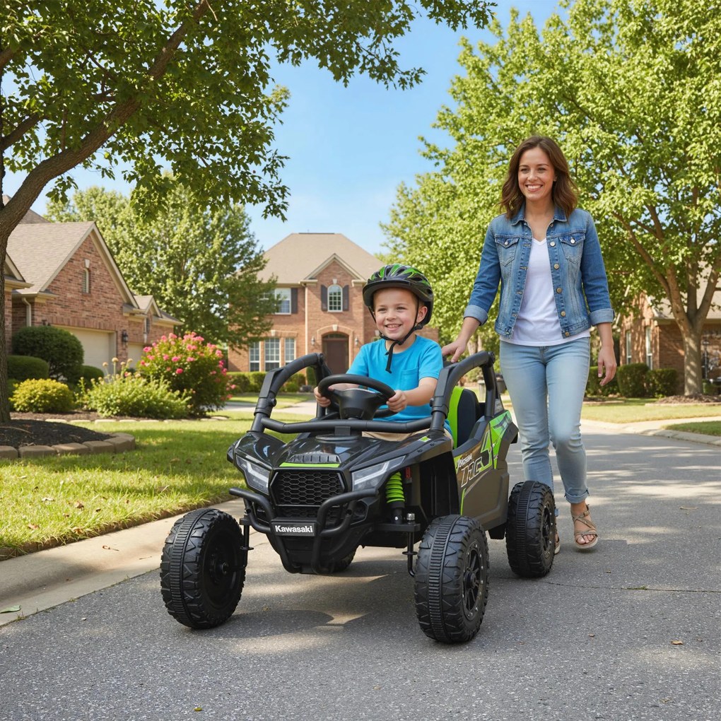 AIYAPLAY ATV Electric pentru Copii 3-5 Ani 12V cu Licență KAWASAKI, Dublu Motor, Telecomandă și Muzică, Negru | Aosom Romania