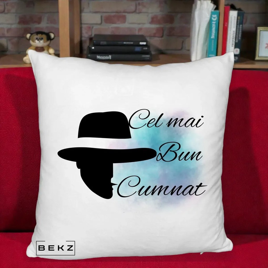 Cadou pentru Cumnat - Perna Personalizata Cel mai Bun Cumnat cu Silueta Palarie si Pete Teal-Roz, 40x40 cm, Alb Pufos, Husa Detasabila, Perna Inclusa, BEKZ®