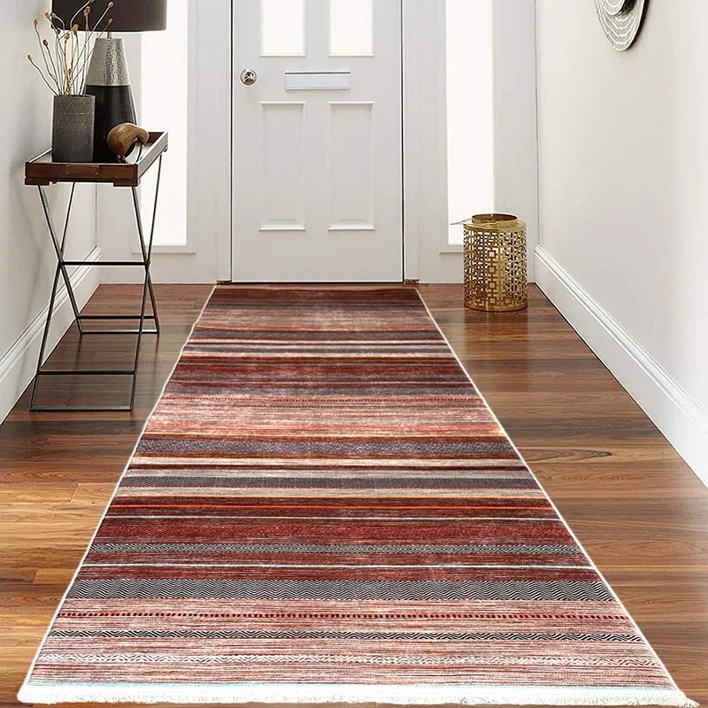 Traversa hol antiderapanta, 80x300 cm, poliester, maro-bej, model cu dungi