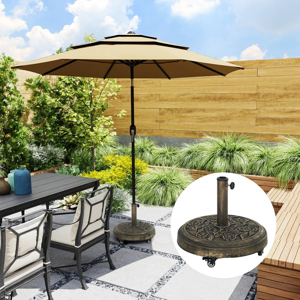 Outsunny Bază Rotundă pentru Umbrelă de Exterior, 21 kg, Bază din Rășină cu Roți și Suport pentru Umbrele de 3,3 cm/3,8 cm/4,8 cm, pentru Grădină, Terasă, Piscină, Bronz | Aosom Romania