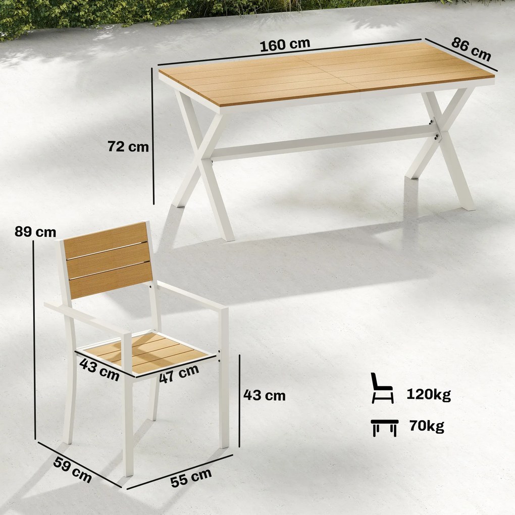 Outsunny Set Masă și Scaune de Grădină 7 Piese, Set Prânz Exterior din Aluminiu cu 6 Scaune Stivuibile, Masă cu Șipci Imitatie Lemn, pentru Terasă, Balcon, Patio, Teak | Aosom Romania
