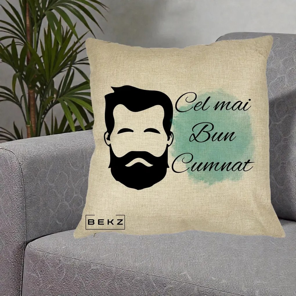 Cadou pentru Cumnat - Perna Personalizata Cel mai Bun Cumnat cu Portret Barbat si Pete Teal, 40x40 cm, Crem, Husa Detasabila, Perna Inclusa, BEKZ®
