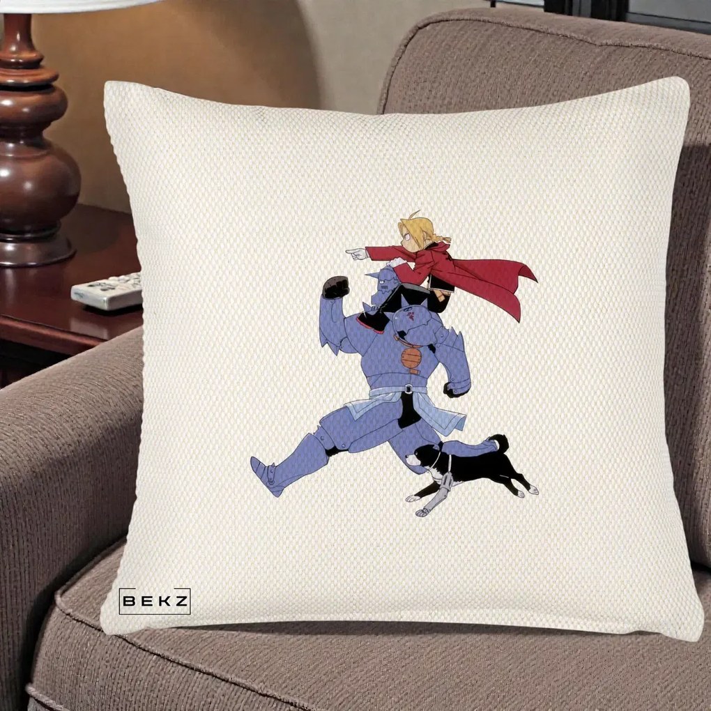 Perna Personalizata Fullmetal Alchemist Edward si Alphonse, 40x40 cm, Crem Reliefat, Husa Detasabila, Perna Inclusa, BEKZ®