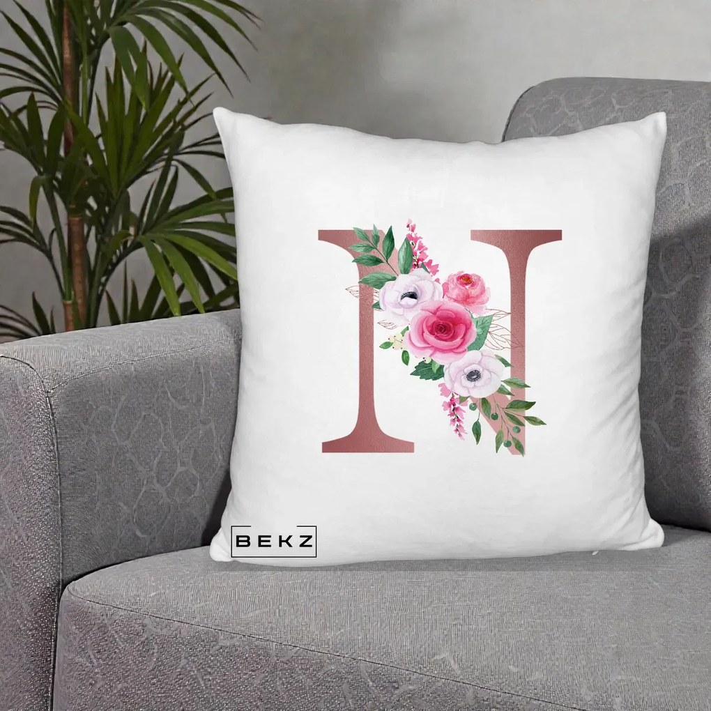 Cadou Personalizat - Perna Personalizata Monograma Rose Gold Litera N, 40x40 cm, Alb Pufos, Husa Detasabila, Perna Inclusa, BEKZ®