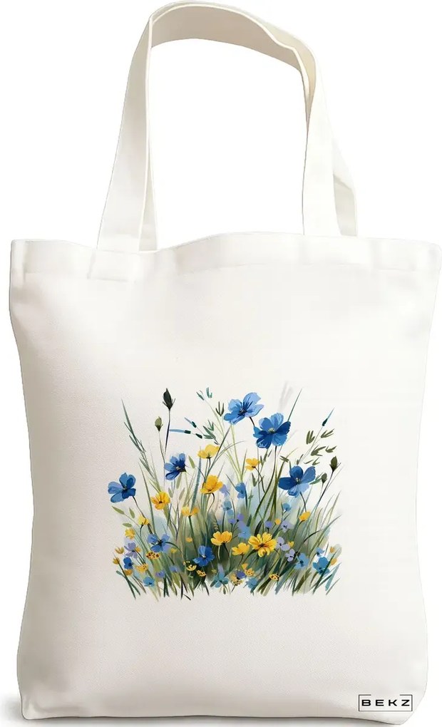 Sacosa de Panza pentru Cumparaturi, Geanta Tote, model Flowers 7 38 x 34.5 cm, Alba, BEKZ®